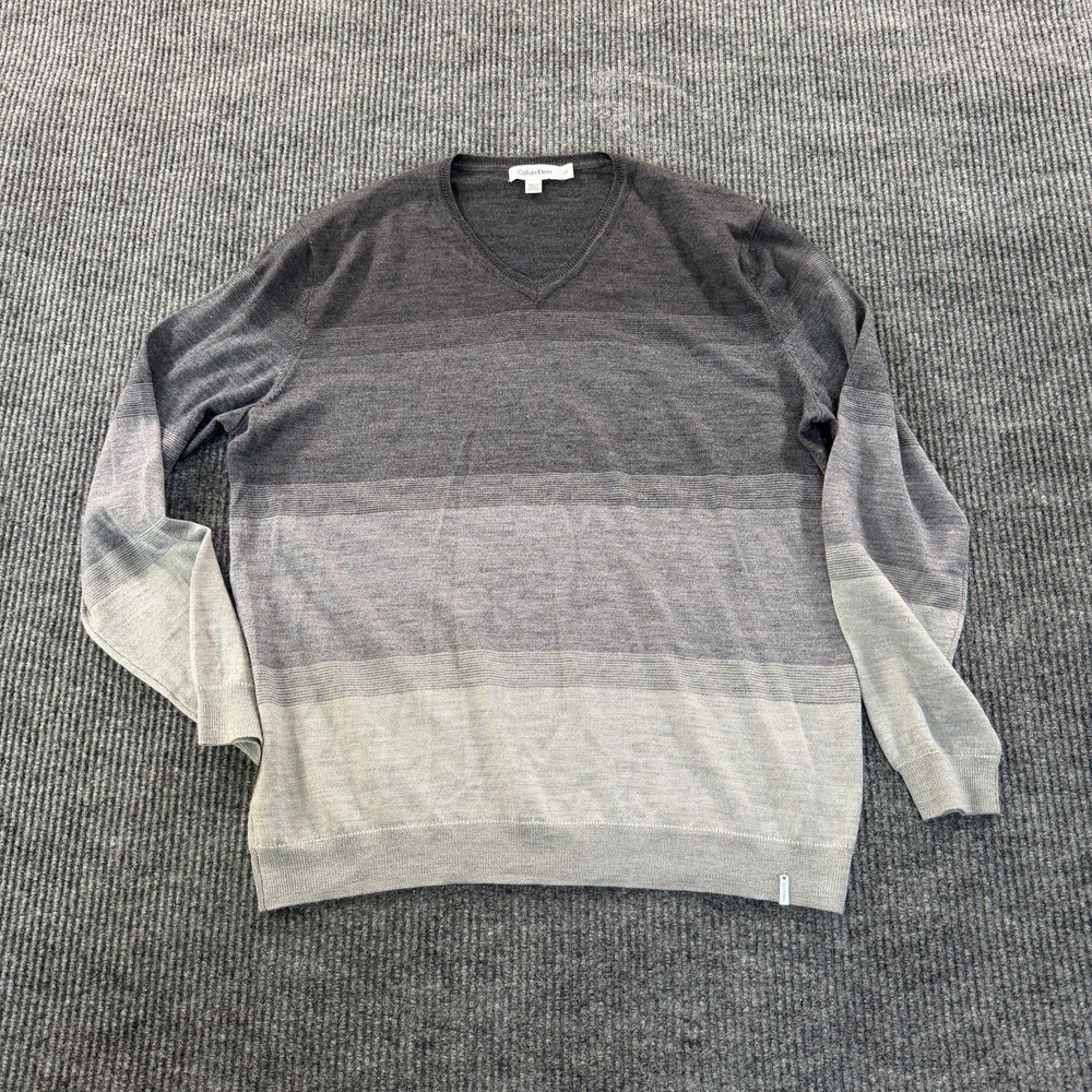 Calvin Klein Men V-Neck Sweater L Gray Ombre Stripe Merino Wool Blend Pullover